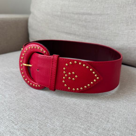 YSL Red Leather Wide Gold Stud Heart Belt 75/30 Rare Vtg Logo Yves Saint Laurent main image 8